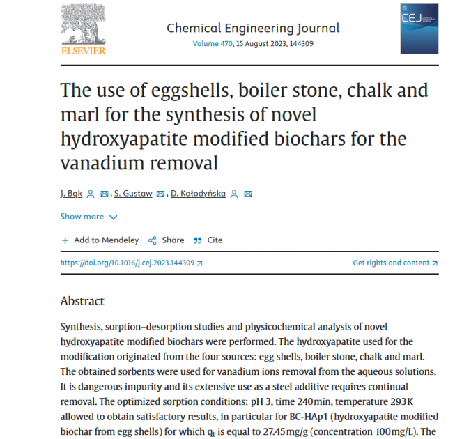 Publikacja W Czasopi Mie Chemical Engineering Journal Sukces Dr