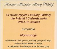 Nominacja dla CJKP UMCS do nagrody Kuźnia Mistrzów Mowy...