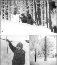 a) Pomiary śniegowe w profilu na Szeroki Wierch (6 lutego 1985), b) W profilu Ustrzyki Górne – Szeroki Wierch wysokość pokrywy śnieżnej osiągała 165 cm (6 lutego 1985), c) Śniegowskaz w górnej części profilu Równi – Żuków