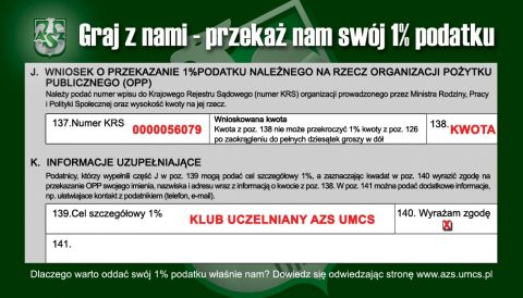 Prosimy o przekazanie 1% podatku na uczelniany klub AZS UMCS