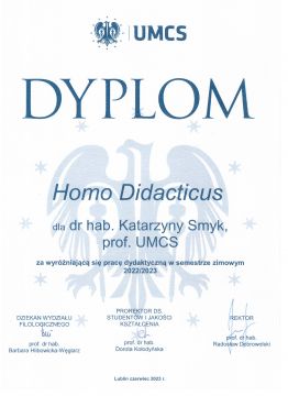 Dyplom Homo Didacticus dla dr hab. Prof. UMCS Katarzyny Smyk