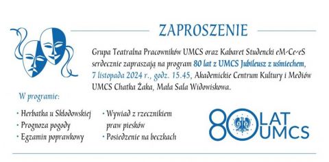 Zaproszenie na spektakl „80 lat UMCS. Jubileusz z uśmiechem”