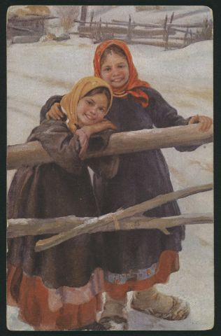 Pocztówka_Dwie dziewczynki przy ogrodzeniu, zimą_ ok. 1905 r._Źródło polona.pl.jpg