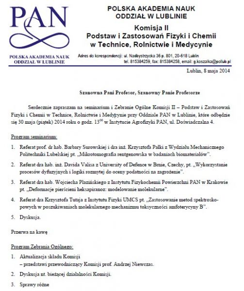 Seminarium i Zebranie ogólne II Komisji PAN - 30.05.2014 r.